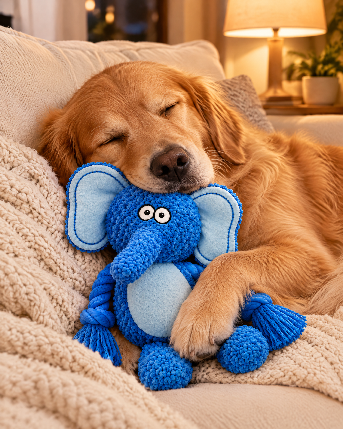 Golden retriever śpi przytulony do Słonia Trąbka